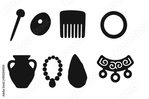 Ancient Artifacts Icons. Solid style icons of Ancient Artifacts: Bronze Pin, Amber Bead, Wooden Comb, Metal Ring, Clay Vessel,