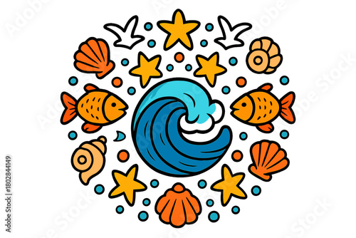 Marine Mandala Art. Ocean wave in the middle with seashells, fish, seagulls, and stars radiating outward in marine mandala
