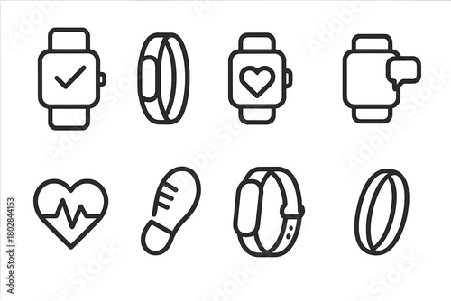 Wearable Tech Icons. Line style icons of Wearable Tech: Smartwatch, Wristband, Health Monitor, Notification, Heartbeat, Step