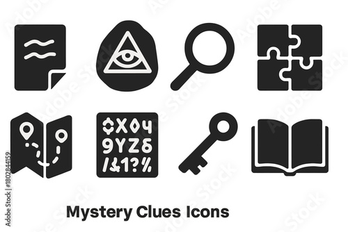 Mystery Clue Icons. Solid style icons of Mystery Clues: Handwritten Note, Hidden Symbol, Magnifying Glass, Puzzle Box, Folded Map,