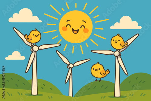 Sunlit Turbines and Birds. Cheerful sun shining on turbines, little birds perching on blades with tiny grins