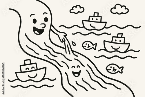 Joyful River Scene. A doodle of a happy river lending its water to smiling boats and fish, with cheerful waves clapping as they