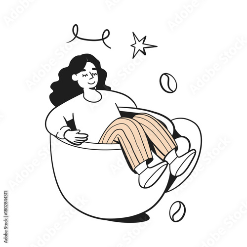 Woman sitting in oversized coffee cup, minimal flat style, white background. Concept of comfort, caffeine addiction, and cozy lifestyle. Vector illustration