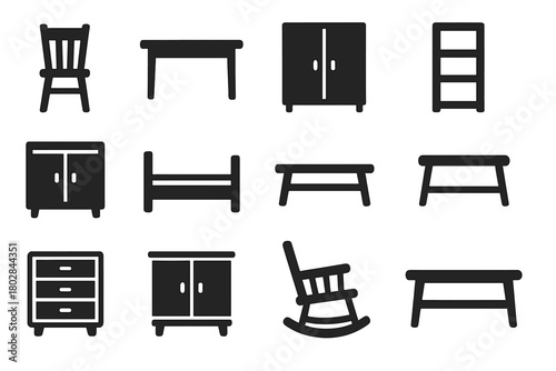 Furniture Icons Collection. Solid style icons of furniture making: wooden chair, dining table, wardrobe, bookshelf, cabinet, bed