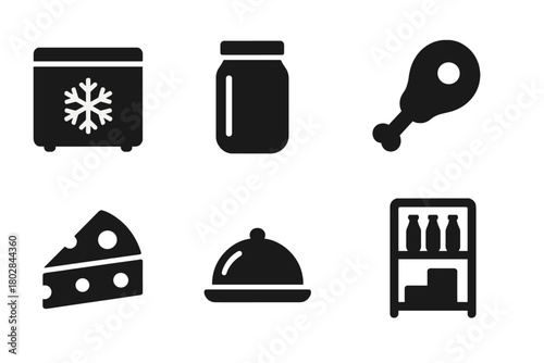 Cold Storage Icons. Solid style icons of Cold Storage: Icebox, Jar, Bottle, Meat, Cheese, Milk, Tray, Shelf, No text, No labels,