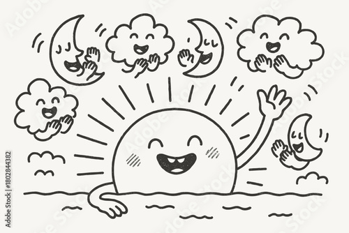 Joyful Sunset Farewell. A doodle of a friendly sun setting with a grin, waving goodbye to yestern, while moons and clouds clap