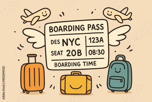 Whimsical Travel Adventure. Playful boarding pass with tiny doodle wings, surrounded by luggage and tiny smiling airplanes