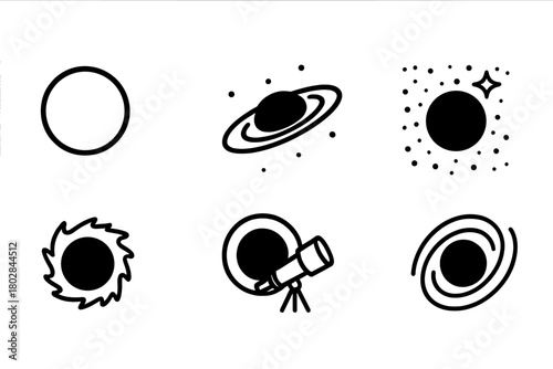 Black Hole Icons. Line style icons of Black Hole: Black Void, Accretion Disk Glow, Gravity Well, Stellar Remnants, Telescope Lens,