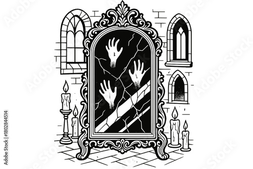 Gothic Haunted Mirror. Haunted mirror standing in a gothic room with ghostly hands, candles, and shattered reflections, black and