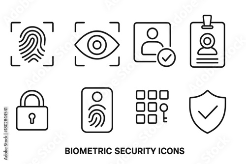 Biometric Security Icons. Line style icons of Biometric Security: Fingerprint Scanner, Eye Recognition, Grant Access, Identity