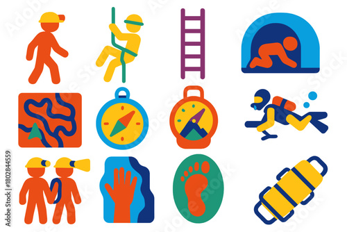 Underground Exploration Icons. Flat vector icons of underground exploration: spelunker silhouette, rope descent, climbing ladder,