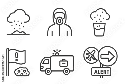 Volcanic Ash Icons. Line style icons of Volcanic Ash: Settling Ash, Protective Clothing, Contaminated Water, Closed Airport, Lava