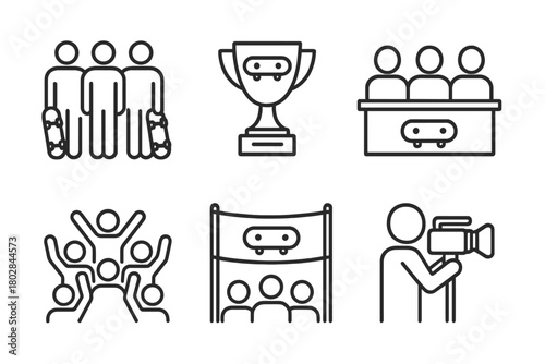 Skateboarding Icons. Line style icons of skateboarding community: group of skaters, contest trophy, judge panel, cheering crowd,