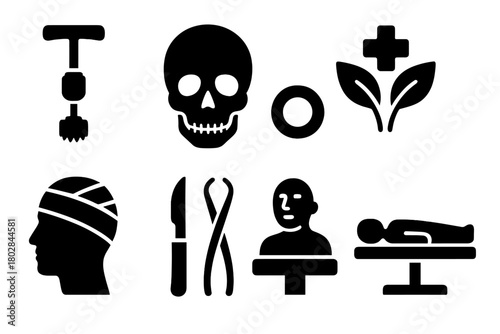 Vintage Skull Operations Icons. Solid style icons of Vintage Skull Operations: Trepanation Drill, Skull, Hole, Healing, Bandages,