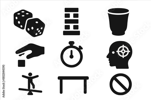 Tabletop Gaming Icons. Solid style icons of Tabletop Performance: Dice, Tower, Cup, Steady Hand, Timer, Focus, Balance, Table, No