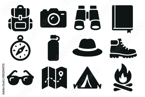 Adventure Travel Icons. Solid style icons of adventure travel: backpack, camera, binoculars, journal, compass, water bottle, hat,