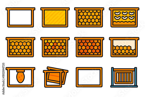 Beehive Frame Icons. Flat vector icons of hive frames: wooden frame, frame with wax foundation, frame with honeycomb, brood frame