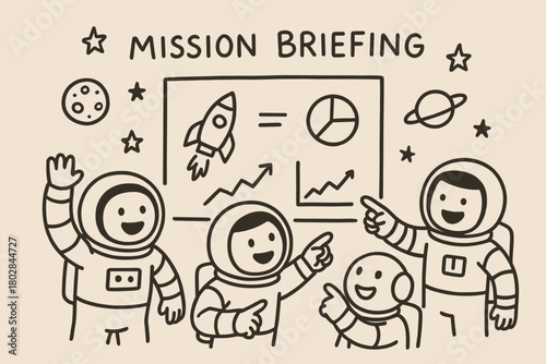 Playful Astronaut Briefing. Playful mission briefing scene with tiny doodle charts, stars, and astronauts pointing with smiles