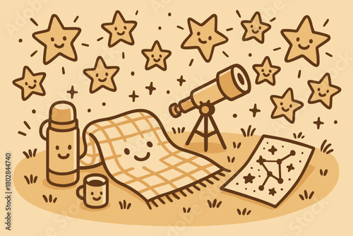 Stargazing Picnic Delight. Joyful doodle vector artwork of a cozy stargazing picnic scene with a smiling blanket, thermos,
