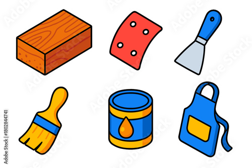Restoration Tools Icons. Isometric vector illustration set Restoration: Original Surface, Sandpaper, Brush, Paint Scraper, Varnish