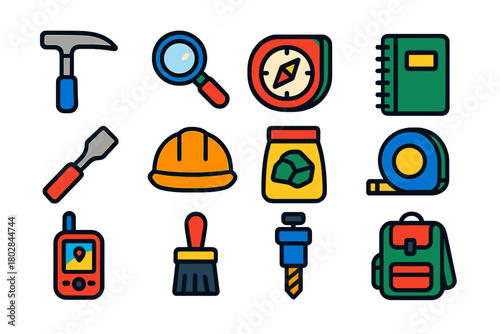 Geology Tools Icons. Flat vector icons of geology tools: rock hammer, hand lens, compass clinometer, field notebook, chisel,