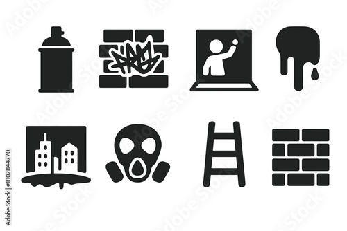 Graffiti Icon Set. Solid style icons of Graffiti Culture: spray can, wall tag, stencil art, paint drip, urban mural, graffiti mask