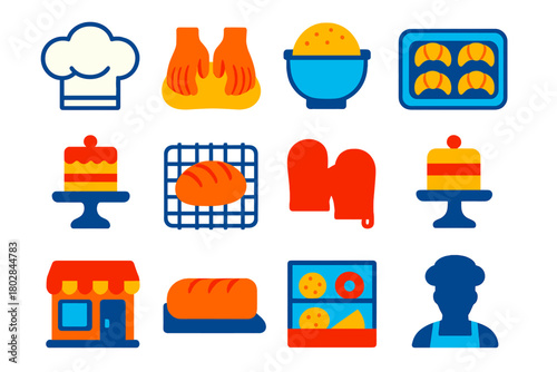 Modern Baking Icons. Flat vector icons of baking scenes: baker’s hat, hands kneading dough, dough rising in bowl, tray of