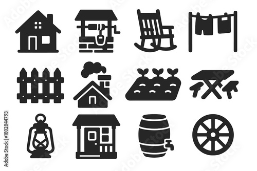 Rural Life Icons. Solid style icons of rural life: farmhouse, well, rocking chair, clothesline, wooden fence, chimney, garden