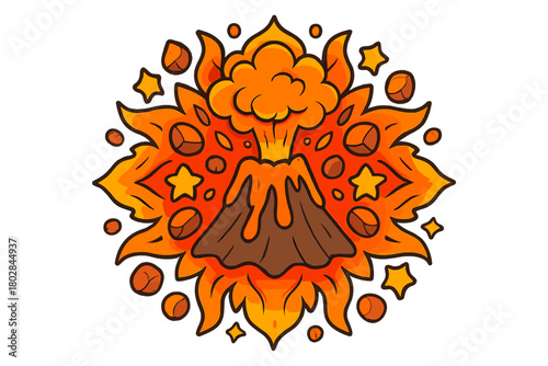 Fiery Mandala Volcano. Volcano in the middle with lava, rocks, smoke, and stars arranged in fiery mandala design, bright colorful