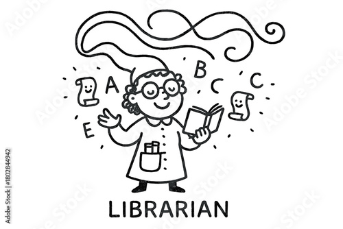 Joyful Librarian Doodle. A doodle of a smiling librarian character whose liripipe forms loops in the air, holding little floating