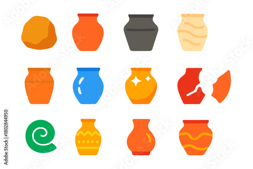 Pottery Process Icons. Flat vector icons of pottery stages: raw clay lump, shaped pot, leather-hard stage, bone-dry pot,