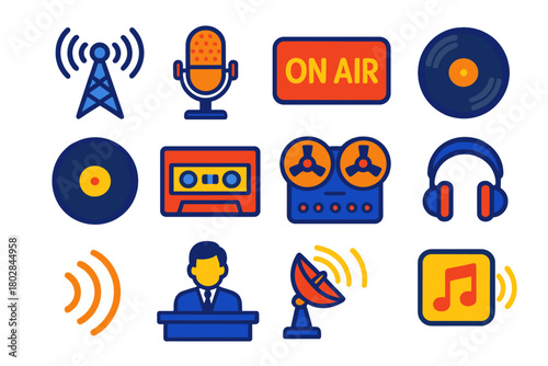Broadcasting Icon Set. Flat vector icons of broadcasting: radio tower, studio microphone, on-air light sign, DJ turntable, vinyl