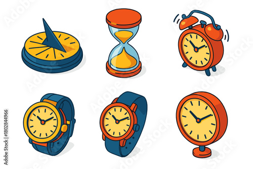 Vibrant Timekeeping Icons. Isometric vector illustration set Horology Icons: sundial shadow, sand-filled hourglass, ringing alarm