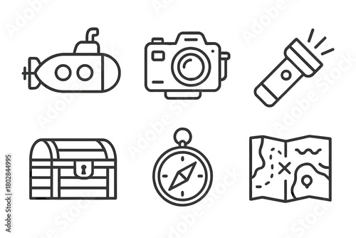 Underwater Exploration Icons. Line style icons of underwater exploration: submarine, underwater camera, flashlight, treasure chest