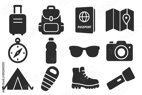 Travel Essentials Icons. Solid style icons of travel essentials: suitcase, backpack, passport, map, compass, water bottle,