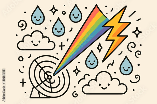 Rainbow Lightning Magic. Magical doodle vector design of a radar beam turning into rainbow lightning, filled with smiling