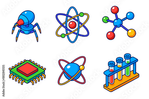 Nanotech Icon Set. Isometric vector illustration set Nanotechnology: Nanobot, Atomic Structure, Molecular Model, Microchip,