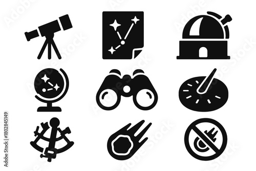 Astronomy Tools Collection. Solid style icons of Astronomy Tools: Telescope, Star Map, Observatory Dome, Celestial Globe,