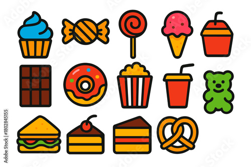 Colorful Party Food Icons. Flat vector icons of Party Food: cupcake, candy, lollipop, ice cream, chocolate bar, donut, popcorn,