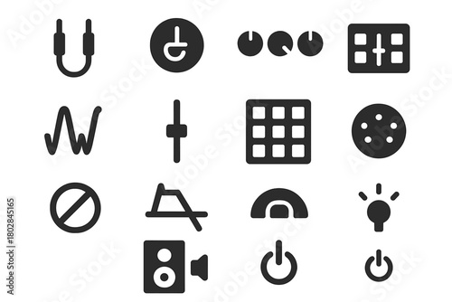 Analog Synth Icons. Solid style icons of Analog Synth Setup: Patch Cables, Oscillator, Knobs, Waveform, Slider, Sequencer, Filter,