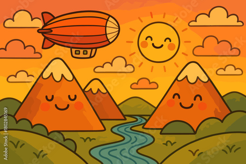 Zeppelin Over Joyful Landscape. Cheerful sunset background, zeppelin gliding above smiling mountains and doodle rivers