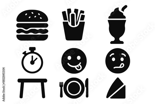 Giant Burger Feast. Solid style icons of Food Challenge: Giant Burger, Fries, Milkshake, Stopwatch, Hungry Face, Table, Plate,