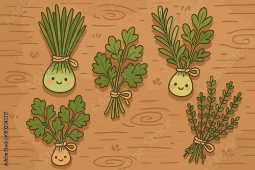 Smiling Herb Bundles. Adorable herbs tied in bunches, each with a little smiling face, scattered on a doodle wooden table