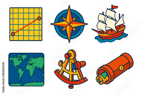 Nautical Tools Isometric Icons. Isometric vector illustration set Mercator Projection: Rhumb Line, Compass Rose, Ship, World Map,