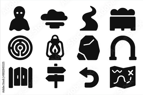 Mystery Labyrinth Icons. Solid style icons of Mystery Labyrinth: Shadow, Fog, Path, Hedge, Center, Lantern, Stone, Arch, Gate,