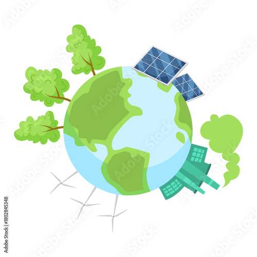 Globe with solar panels, wind turbines, trees and polluting factory on white background. Concept of environmental impact. Vector illustration