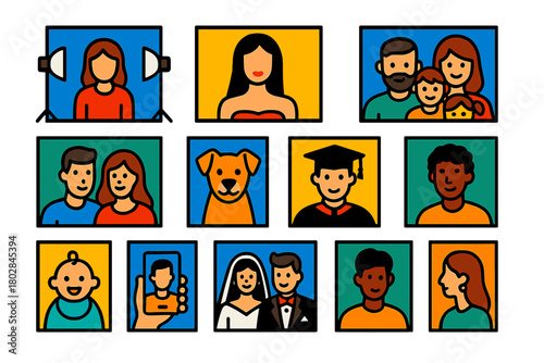 Colorful Portrait Icon Set. Flat vector icons of portrait photography: studio portrait, fashion model shot, family portrait,