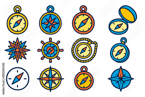 Nautical Compass Icons. Flat vector icons of nautical compasses: brass compass, rose compass, pocket compass, modern digital