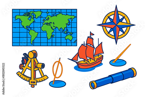 Bright Nautical Icons. Isometric vector illustration set Mercator Projection: World Map, Compass Rose, Ship, Rhumb Line, Sextant,