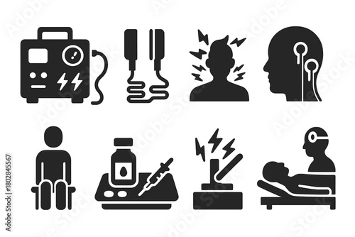 Vintage Mental Health Icons. Solid style icons of Vintage Mental Health Treatment: Machine, Paddles, Convulsion, Electrodes,